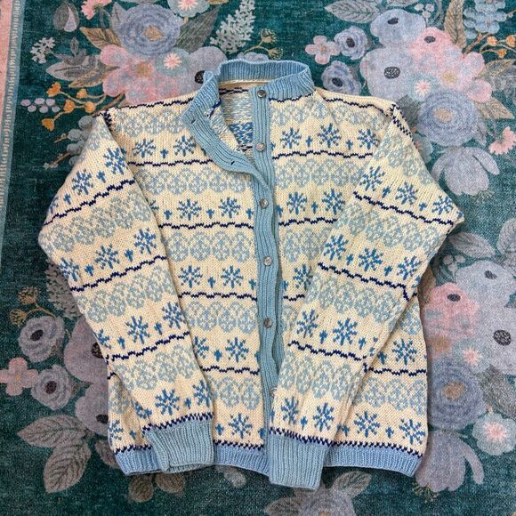 Handmade Wool Cardigan Sweater Womens Cream Blue Fair Isle Knit Scotland Nordic - Picture 16 of 16